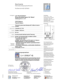Certyfikat badań izolacyjności termicznej ALT F50 od IFT Rosenheim Institute
