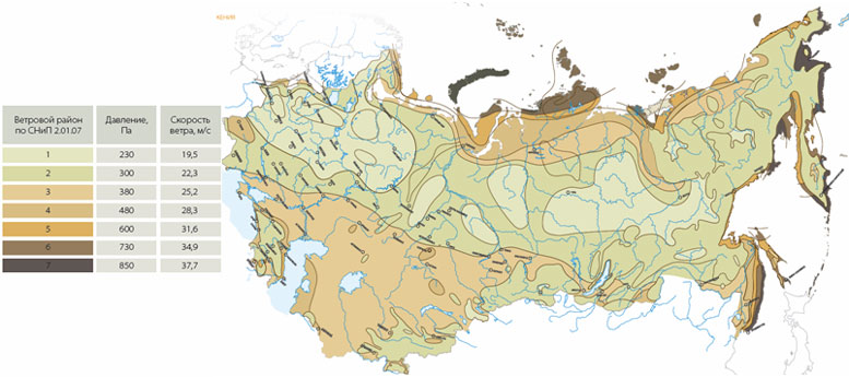 Карта ветровых районов Российской федерации (согласно СНиП 2.01.07)