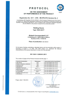 Протокол соответствия EN 13241-1 (TUV SUD Czech, Чехия) на роллетные ворота из профиля AG/77