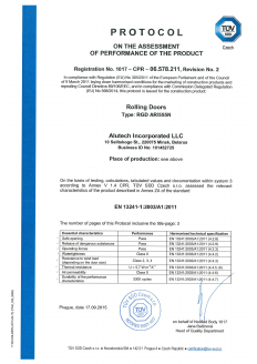 Протокол соответствия EN 13241-1 (TUV SUD Czech, Чехия) на роллетные ворота из профиля AR/555N