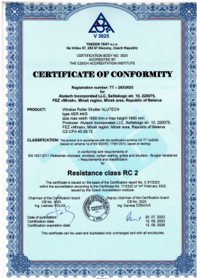 Certificate of RC2 level of burglar resistance according to EN 1627:2011 – AER44/S (TREZOR TEST, Czech Republic)