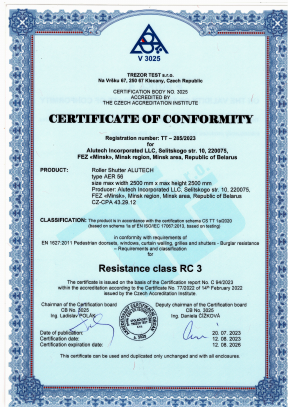 Certificate of RC3 level of burglar resistance according to EN 1627:2011 – AER56 (TREZOR TEST, Czech Republic)